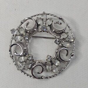 Am Lee Sterling Silver Wreath Brooch Rhinestone Vintage Jewelry Pin
